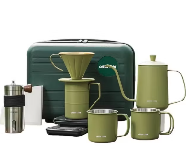 000006161 Green Lion V-60 Pro Coffee Maker Set with Gooseneck Kettle, 100 Paper Filters, Precision Scale , Pour-Over Dripper, Adjustable Grinder, 2 Stainless, Steel Cups, Travel Case - Green - الصورة 1